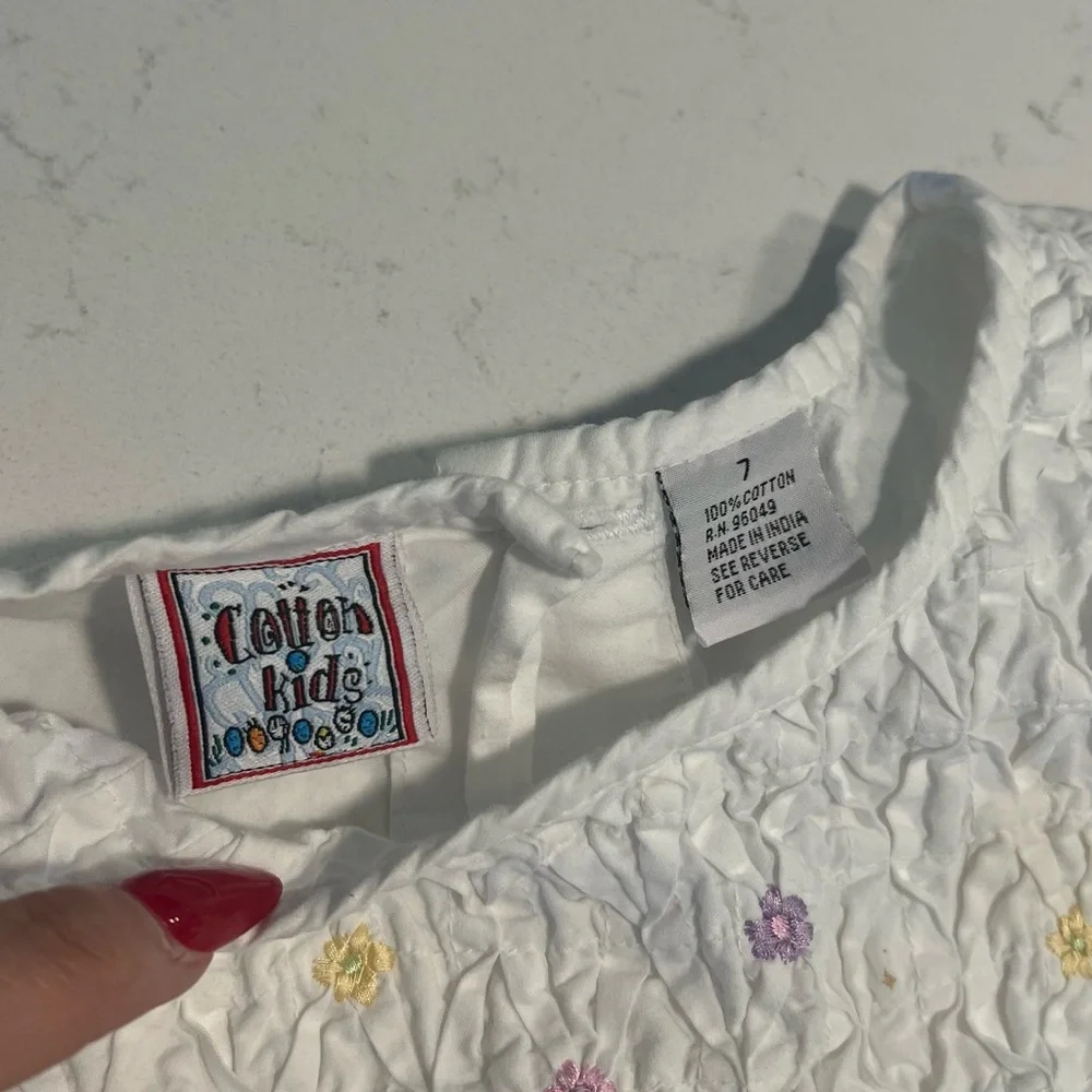 White Cotton Kids Dress with Floral Accents